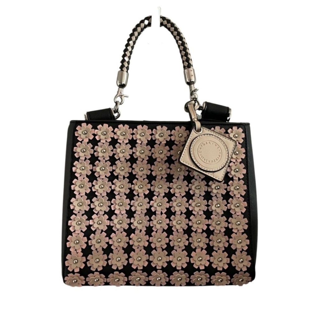 CATHERINE MALANDRINO BLACK & PINK FLORAL HANDBAG W CROSSBODY STRAP VEGAN LEATHER - Picture 1 of 7